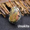 Natural unakite stone adjustable ring with oval cabochon and silver-toned band - Adjustable Open / Unakite