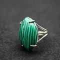 Vintage style adjustable silver ring featuring a large marquise green malachite stone - Adjustable Open / Malachite