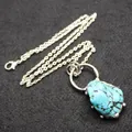 Men's bohemian style irregular raw turquoise stone pendant on a classic silver chain - Pendant with Necklace