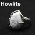 Statement teardrop white turquoise open ring with a polished silver-tone finish - Howlite