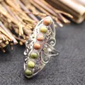Vintage silver adjustable ring featuring vertical row of round Unakite stones - Adjustable Open / Unakite