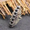 Vintage bohemian style adjustable ring with black agate stones and butterfly filigree - Adjustable Open / Black Agate