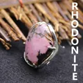 Vintage silver adjustable open ring featuring a large natural pink rhodonite stone - Adjustable Open / Rhodonite