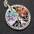Silver wire Tree of Life pendant necklace with colorful natural crushed crystal stones - Pendant Only (No Chain) / Rainbow