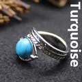Vintage silver feather open adjustable ring featuring a vibrant blue turquoise stone - Adjustable Open / Blue Turquoise