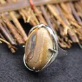 Large oval stone ring with natural landscape pattern and silver adjustable band. - Adjustable Open / Jasper