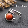 Vintage silver-plated feather adjustable open ring featuring a round red jasper stone. - Adjustable Open / Red Jasper