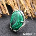 Vintage style adjustable silver-tone ring with a large oval green malachite gemstone - Adjustable Open / Malachite