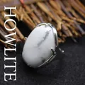 Statement adjustable silver-plated ring featuring a large oval white turquoise stone - Adjustable Open / Howlite