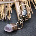 Vintage bronze skull pendant necklace with amethyst crystal point and black gemstone accent - Skull Pendant