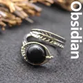Vintage adjustable open ring with feather design and round black obsidian stone inlay - Adjustable Open / Obsidian