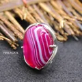 Stunning pink striped agate cabochon ring featuring an adjustable silver metal band - Adjustable Open / Pink Agate