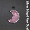 Crescent moon-shaped pink opal pendant with detailed silver border - Moon Pink Opal Pendant (Silver Edge)