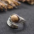 Vintage adjustable feather band open ring with natural round picture jasper stone - Adjustable Open / Jasper