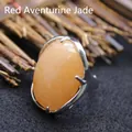 Adjustable silver-tone ring with large oval peach aventurine jade stone - Adjustable Open / Red Aventurine