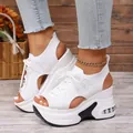 Side view of white fly-knit platform sports sandals with breathable mesh and thick soles - 35 / White