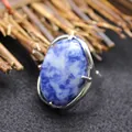 Oval blue sodalite stone adjustable open ring with a vintage silver-colored finish - Adjustable Open / Blue Spot Jasper