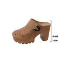 Vintage tan platform mules with 10cm chunky high heel and hollow floral pattern - 37 / Brown