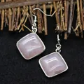 Handmade square rose quartz dangle earrings with silver-tone metal hooks for women - Rose Quartz