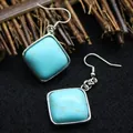 Élégantes boucles d'oreilles pendantes carrées en turquoise avec crochets argentés - Turquoise Bleue