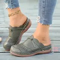 Vintage olive green wedge mules featuring laser-cut floral patterns and 4.5cm heel - 36 / Army Green