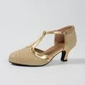 Detailed side profile view of elegant gold glitter T-strap high heel pump with buckle strap - 35 / Gold