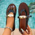 Stylish black fishnet hollow out flat sandals for women with elegant gold buckle - 35 / Black
