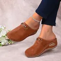 Detailed view of brown faux suede wedge mules for women featuring gold chain link - Tan