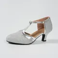 Close-up of silver glitter T-strap high heel pump with adjustable buckle strap - 35 / Silver