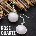 Elegant minimalist round pink rose quartz ear hook earrings with silver-tone bezel - Rose Quartz
