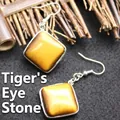 Boucles d'oreilles pendantes en pierre œil de tigre naturelle avec crochets argentés - Œil de tigre