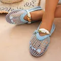 Women's light blue fishnet mesh flat sandals with elegant gold metal buckle detail - Light Blue