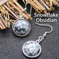 Minimalist circular snowflake obsidian stone dangle earrings with silver hooks for women - Snowflake Obsidian