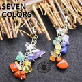 Handmade boho chakra earrings featuring colorful natural crystal tumbled stones drops - Rainbow