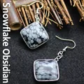 Boucles d'oreilles crochet en pierre de flocon de neige en forme de losange argenté - Obsidienne flocon de neige