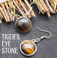 Handmade natural round tiger eye stone dangle earrings with polished silver-tone hooks - Tiger's Eye