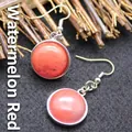 Elegant minimalist round watermelon red natural stone dangle hook earrings for women - Watermelon red