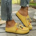 Macro view of yellow faux suede clogs featuring vibrant bead accents and rope tie details - 36 / Yellow