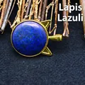 Goldener Katzenohranhänger mit einem runden, tiefblauen Lapislazuli-Stein Schmuck - Lapislazuli Katze Anhänger / Lapislazuli