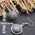 Minimalist round black lava stone drop earrings with silver finish hooks for women - Lava Stone