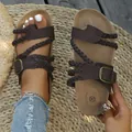 Vintage dunkelbraune Sandalen mit geflochtenen Riemen und Metallschnalle für Damen - Hellbraun