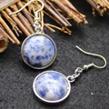 Simple and elegant round blue and white marbled stone drop earrings with silver hooks - Blue Spot Jasper