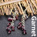 Natural garnet crystal stone fragment dangle earrings with silver plated chain design - Garnet