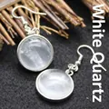 Minimalist silver-tone hook earrings featuring clear round white crystal gemstones - White Crystal