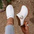 Stylish white platform chunky high heel clogs with gold rivets and buckle detail. - 35 / White