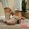 Side view detail of beige hollow-out chunky heel mules with a 10.5cm heel height. - 36 / Khaki