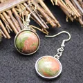 Elegant minimalist round Unakite stone earrings with polished silver hooks for women - Unakite