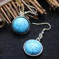 Minimalist round blue faux turquoise drop hook earrings with silver plated metal finish - Blue Turquoise
