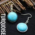 Elegant round blue turquoise-style drop earrings with polished silver hooks for women - Turquoise