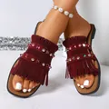 Stylish burgundy flat fringe sandals for women with colorful rhinestone studded straps. - 36 / Fuschia
